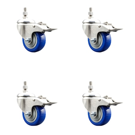 Service Caster 3.5 Inch 316SS Blue Polyurethane Swivel 10mm Stem Caster Set Lock Brake SCC SS316TSTTL20S3514-PPUB-BLUE-M1015-4